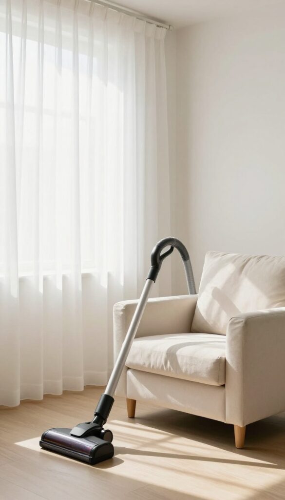 Bright bedroom with vacuum and freshly cleaned upholstery and curtains