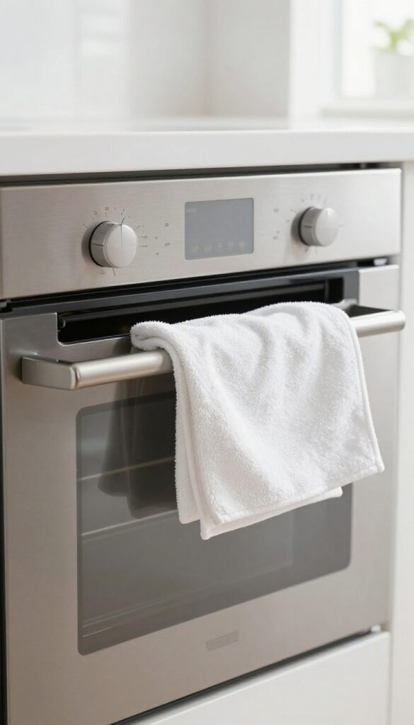 Wiping down a stainless steel oven exterior with a microfiber cloth in a bright kitchen