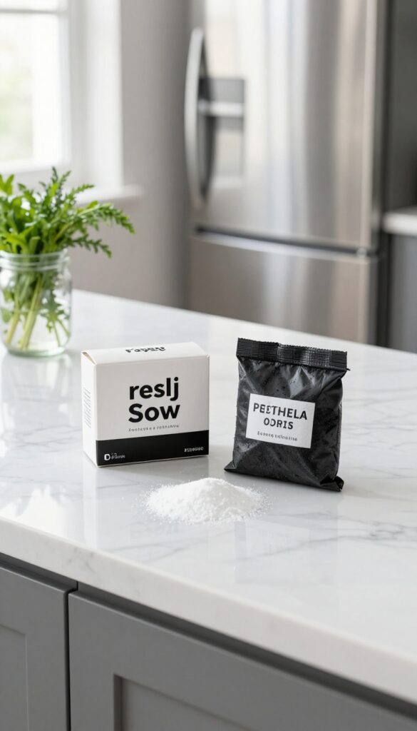 Odor absorber in kitchen: baking soda box and charcoal bag on counter near fridge