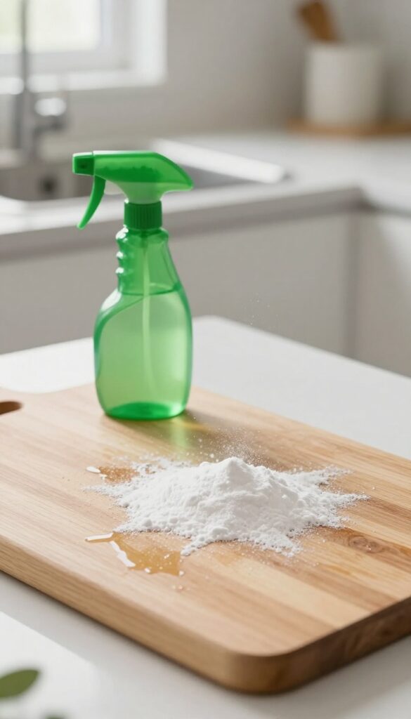 Sanitizing a wooden cutting board with hydrogen peroxide and baking soda in a bright kitchen.