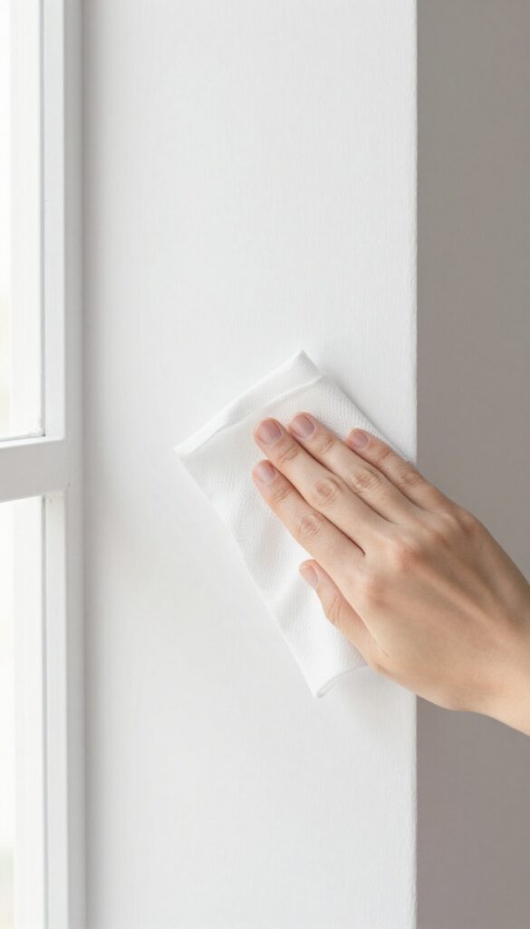 Hand wiping a scuff mark on a white wall with a baby wipe