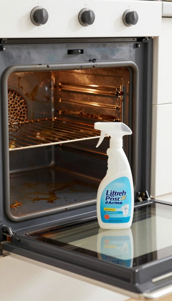 Open oven with baked-on grease stains and a commercial oven cleaner spray bottle on the rack, bright natural light.