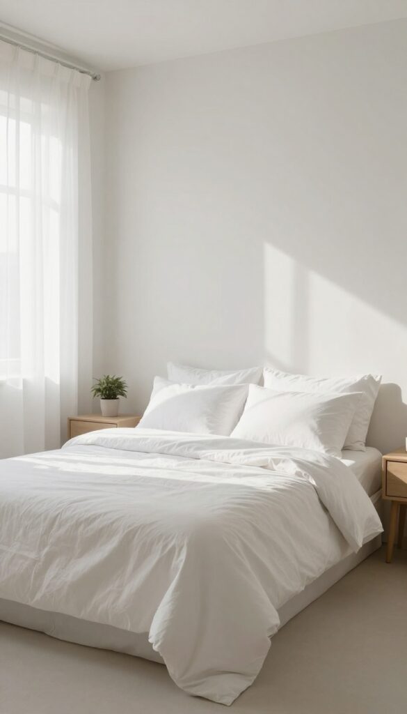 Neatly made bed in a bright, organized bedroom