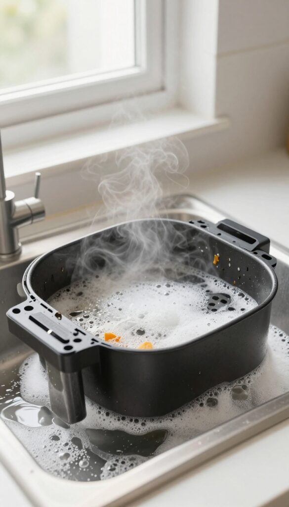 Air fryer basket and tray soaking in hot soapy water in a kitchen sink with steam and bubbles