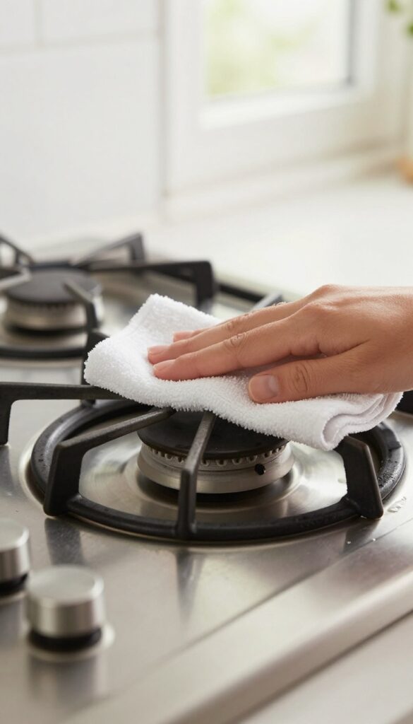 Cleaning gas stove grate with degreaser wipe to prevent heavy buildup