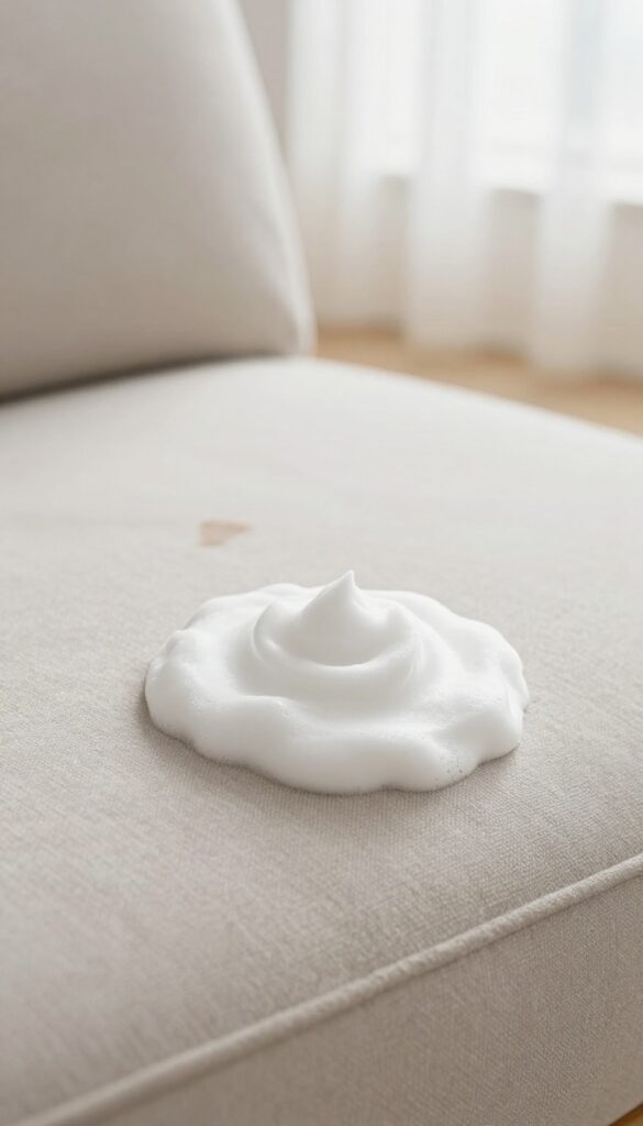 Shaving cream being applied to a stain on a fabric sofa