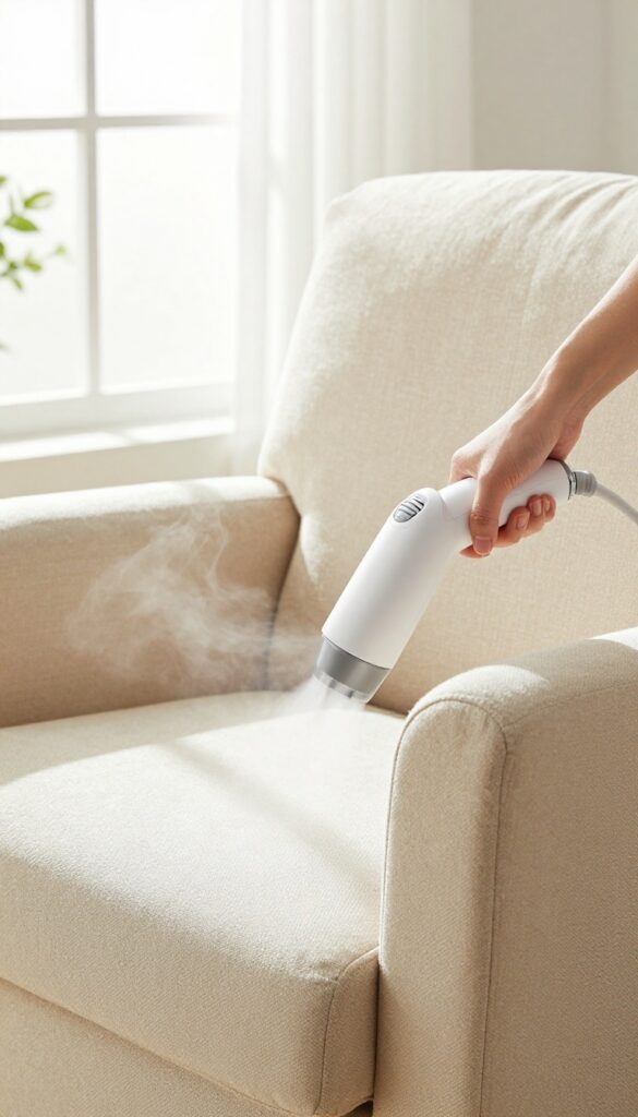 Handheld steamer cleaning a beige upholstered armchair with steam rising from the fabric