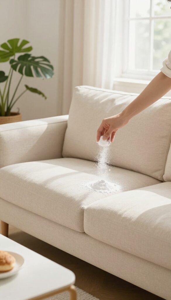 Person sprinkling baking soda on a beige sofa in a bright living room for maintenance cleaning.