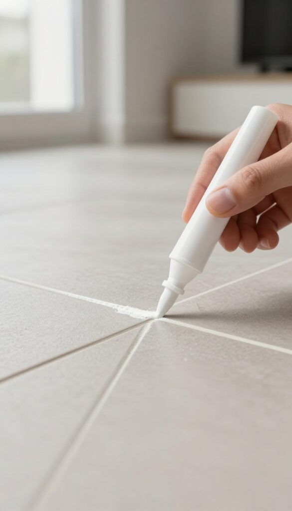 Person using a grout colorant pen to refresh grout lines on a clean tile floor