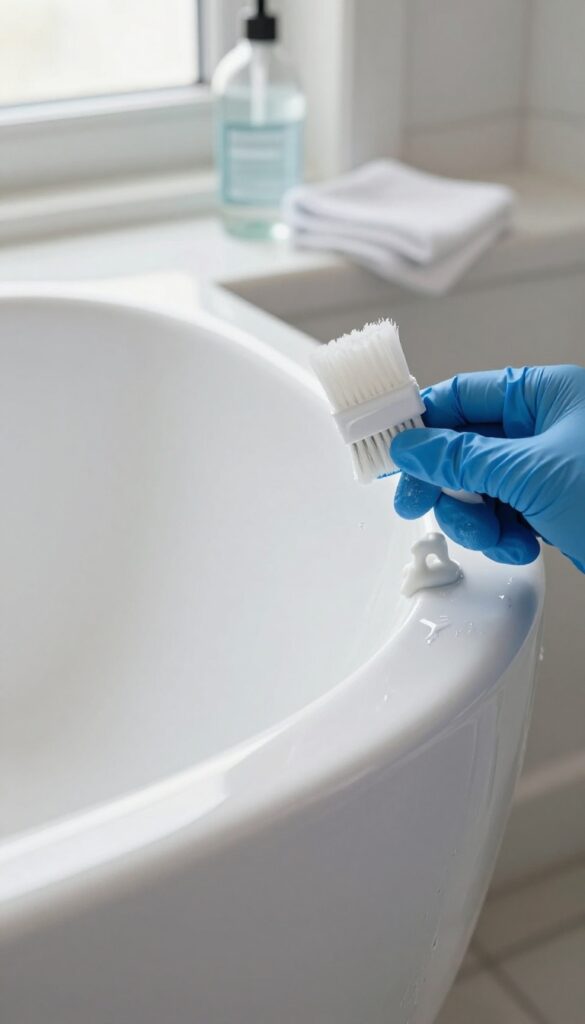 Person repairing a scratch on a white fiberglass shower stall with a repair kit applicator