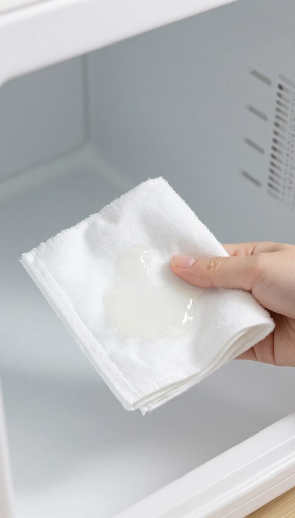 Close-up of cleaning microwave door seal with vinegar-dampened cloth