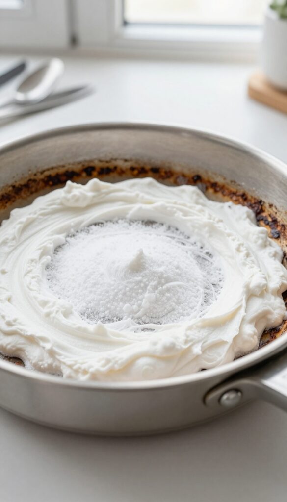 Baking soda and water paste applied to burnt pan for cleaning