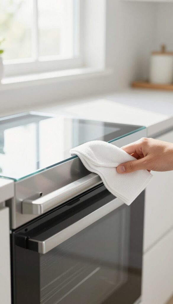 Hand buffing a clean glass oven door with a coffee filter for a streak-free shine