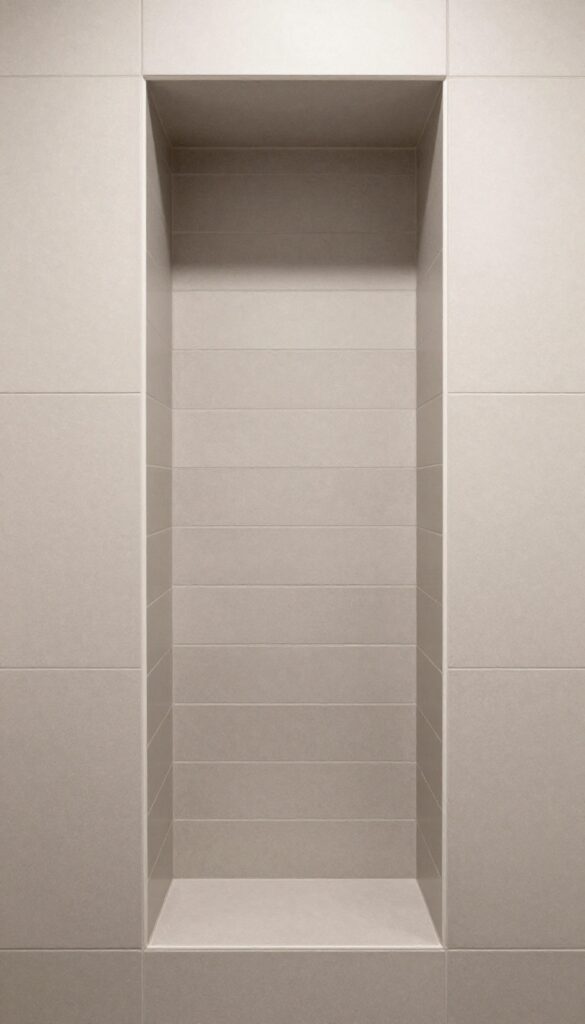 Bathroom shower niche with horizontal linear stripes of matte warm gray picket tiles, bright natural light, clean design.