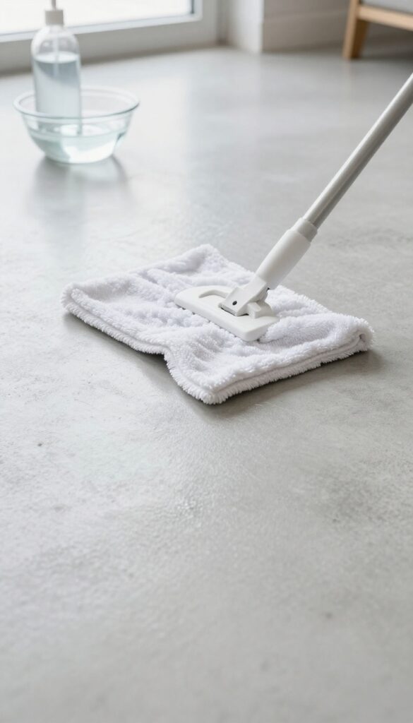 Polished concrete floor being mopped with glycerin solution, showing a subtle glossy sheen and clean surface.