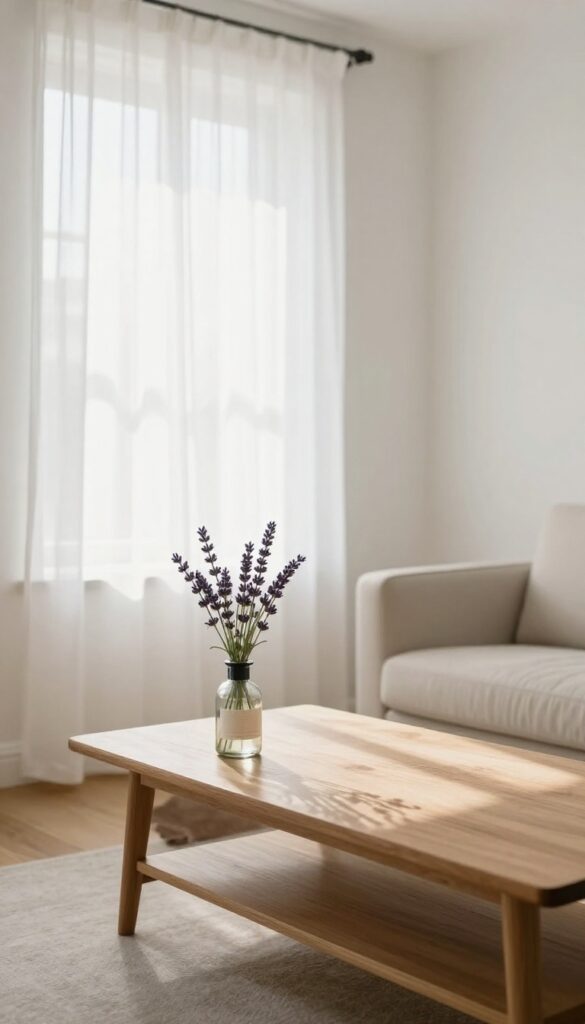 Fresh linen spray and lavender on a coffee table by an open window in a clean, sunlit room