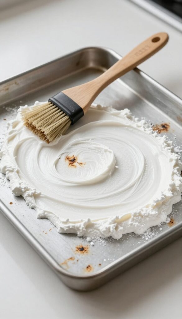 Cookie sheet with baking soda and hydrogen peroxide paste applied to burnt stains, soft brush nearby, bright natural light.