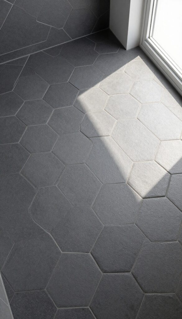 Close-up of a hexagon mosaic tile shower floor in matte charcoal, with natural light and clean minimalist design.