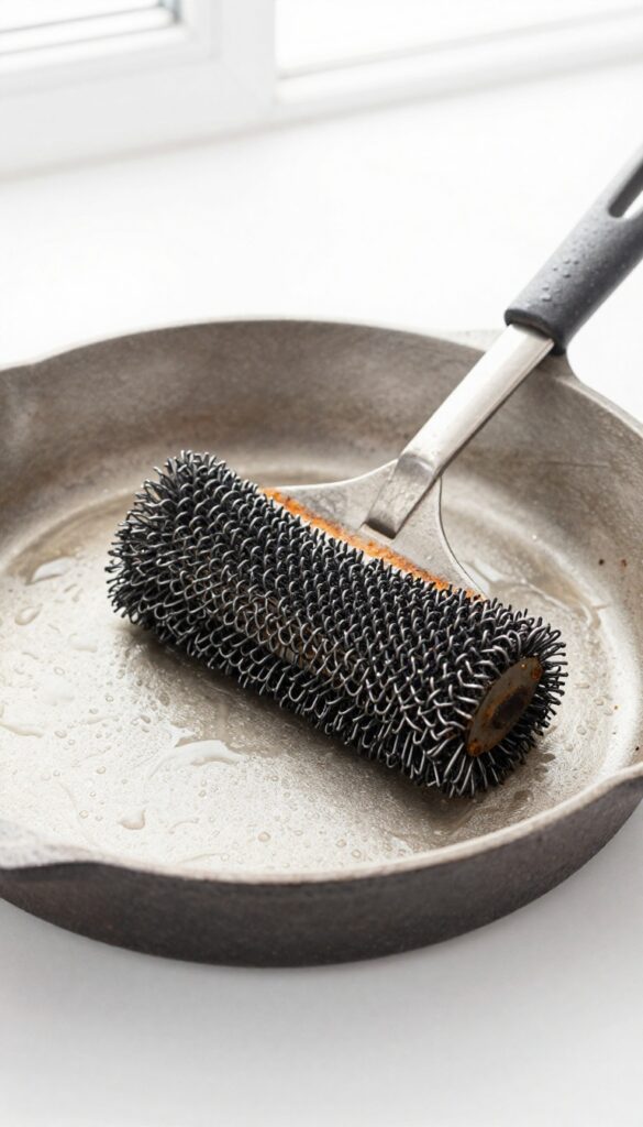 A cast iron skillet being scrubbed with a chainmail scrubber under running water to remove rust.
