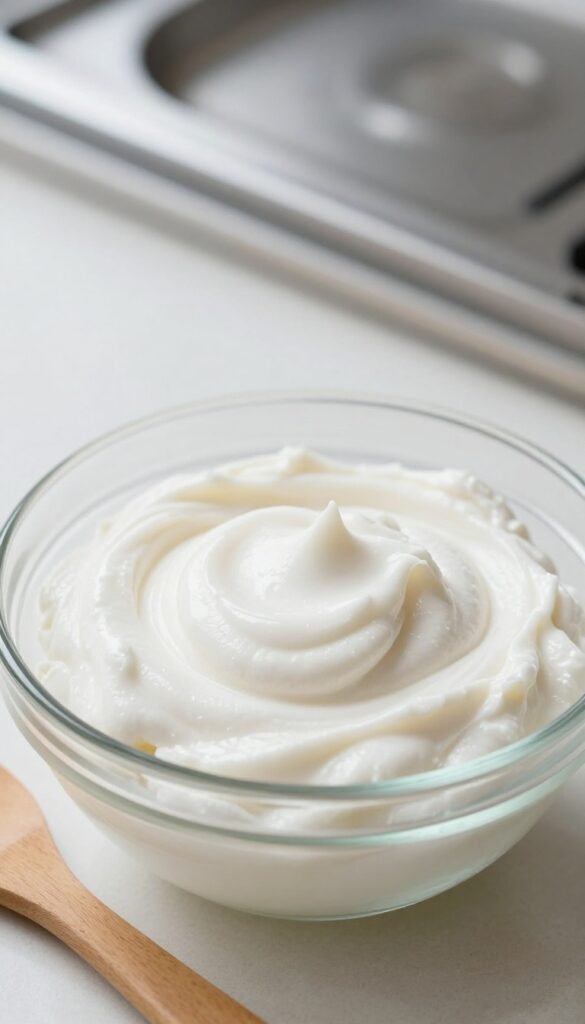 Baking soda paste in a bowl on a kitchen counter, ready for oven cleaning