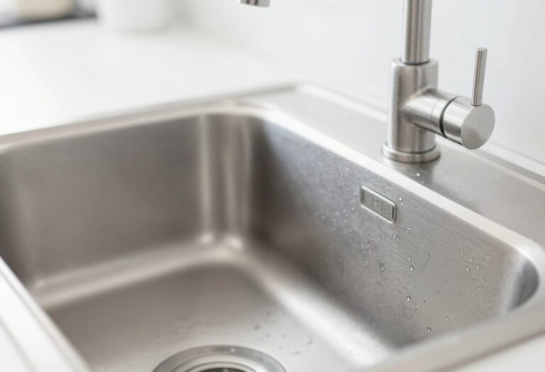 Close-up of a clean, shiny stainless steel sink with water droplets and light reflections