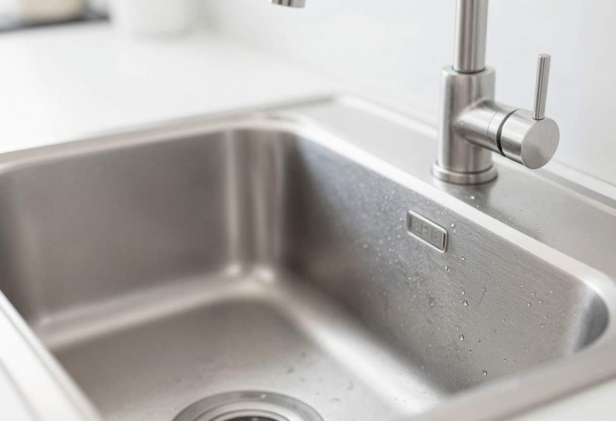 Close-up of a clean, shiny stainless steel sink with water droplets and light reflections