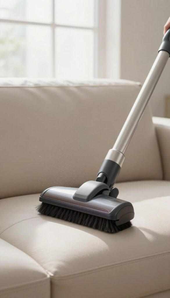 Person vacuuming a leather couch with a soft brush attachment to remove dust and prevent scratches.
