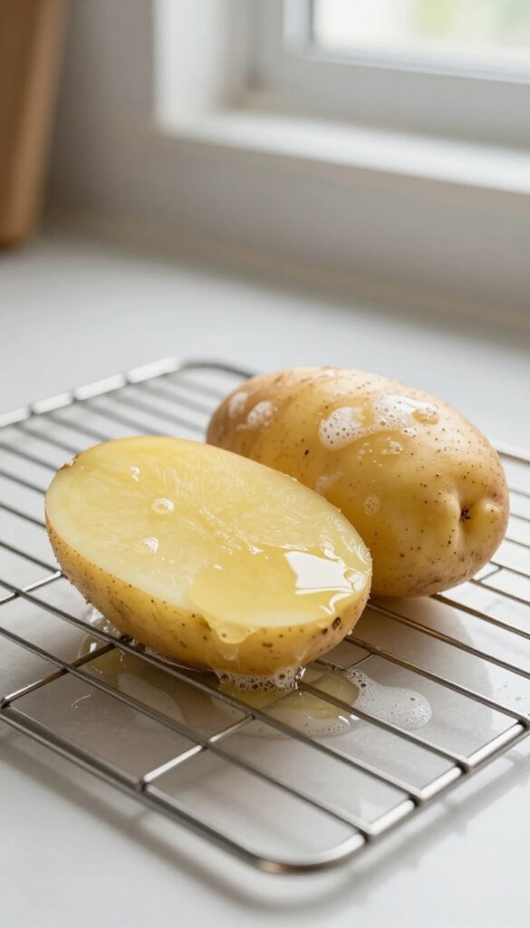 Raw potato half with dish soap on cut surface next to a greasy oven rack on a kitchen counter