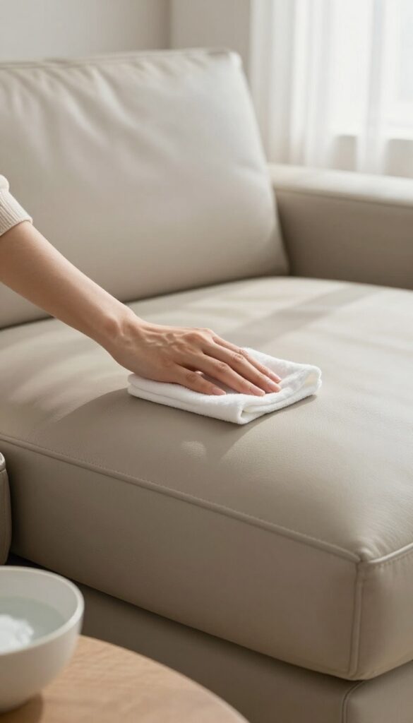 Person cleaning a leather couch with mild soap and water, avoiding harsh chemicals