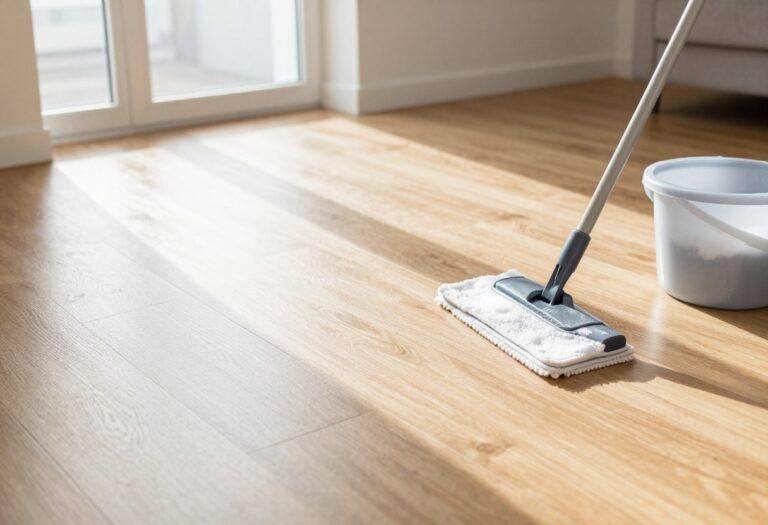 Clean floor with mop and bucket in sunlit room