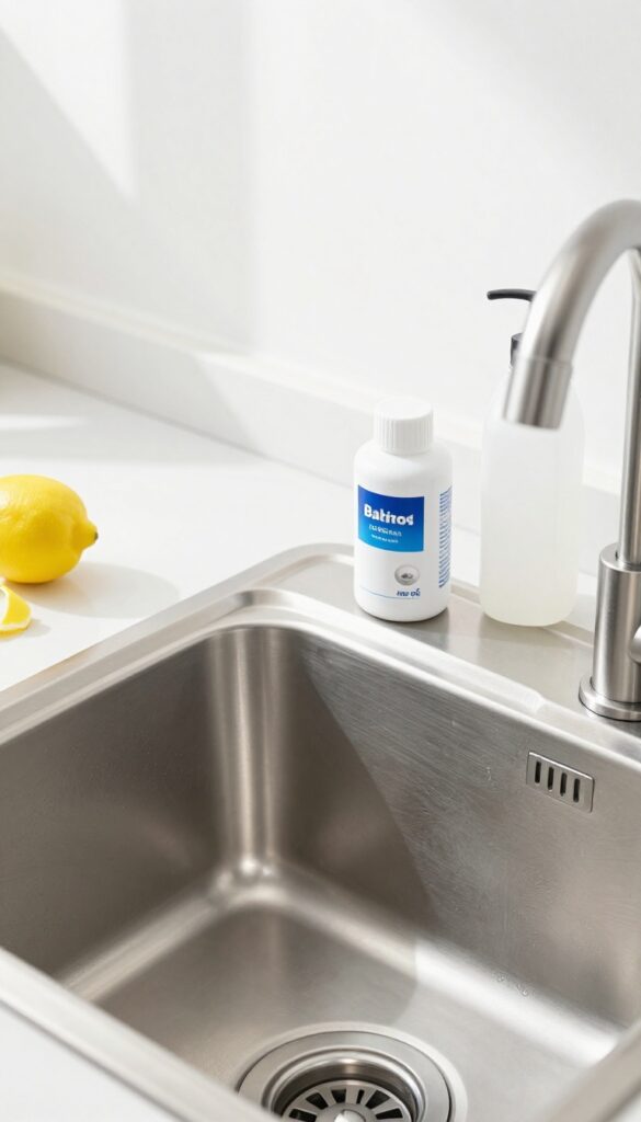 Baking soda and vinegar on counter next to kitchen sink with garbage disposal