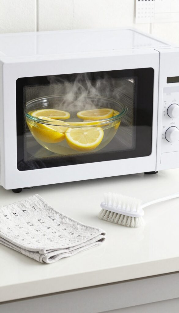 Weekly microwave cleaning routine with steam bowl and supplies