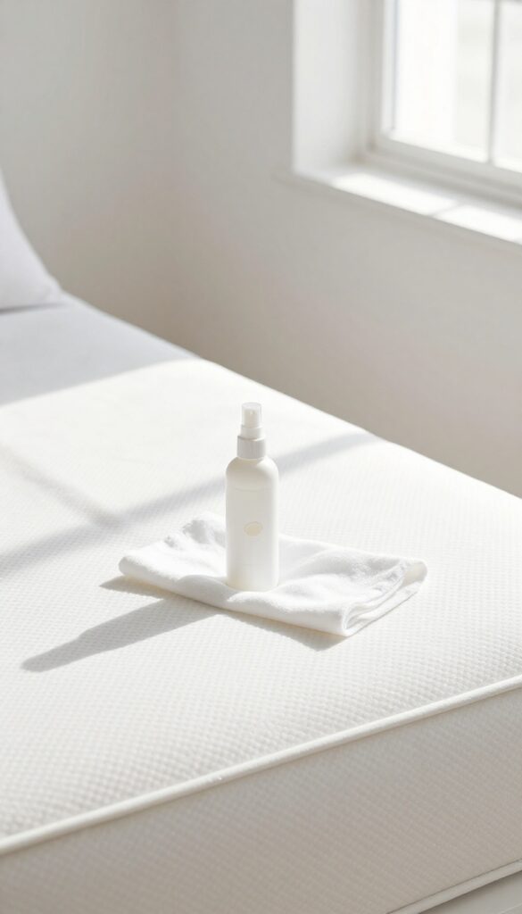 Commercial mattress cleaner spray bottle on a clean white mattress in bright natural light