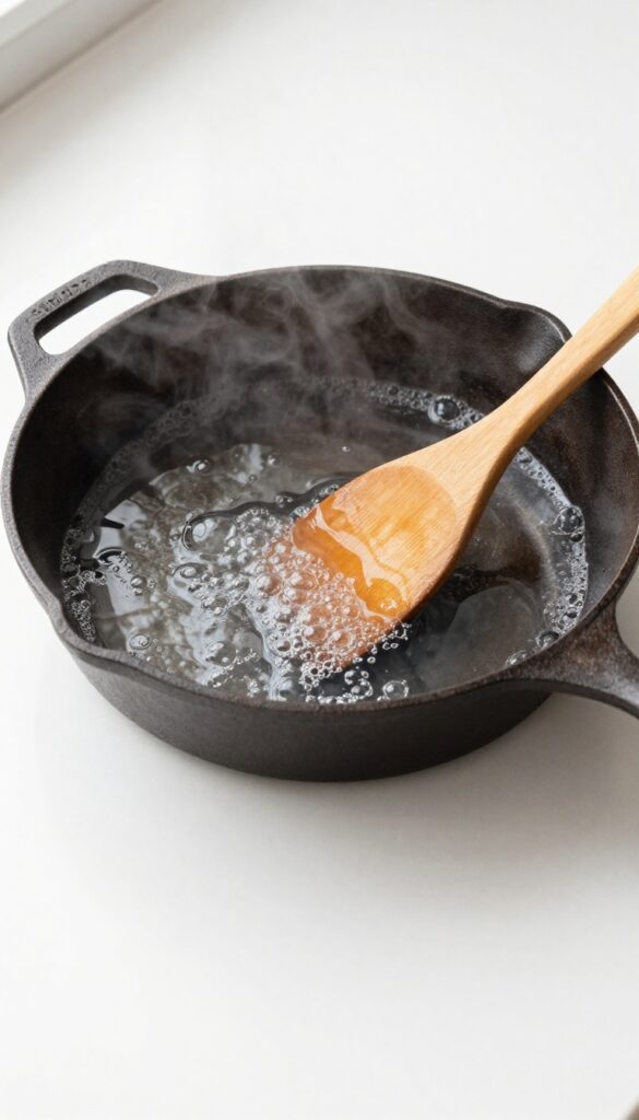 Cast iron skillet with boiling water and wooden spatula on a white countertop