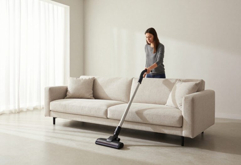 Person vacuuming a couch with an upholstery attachment in a bright living room