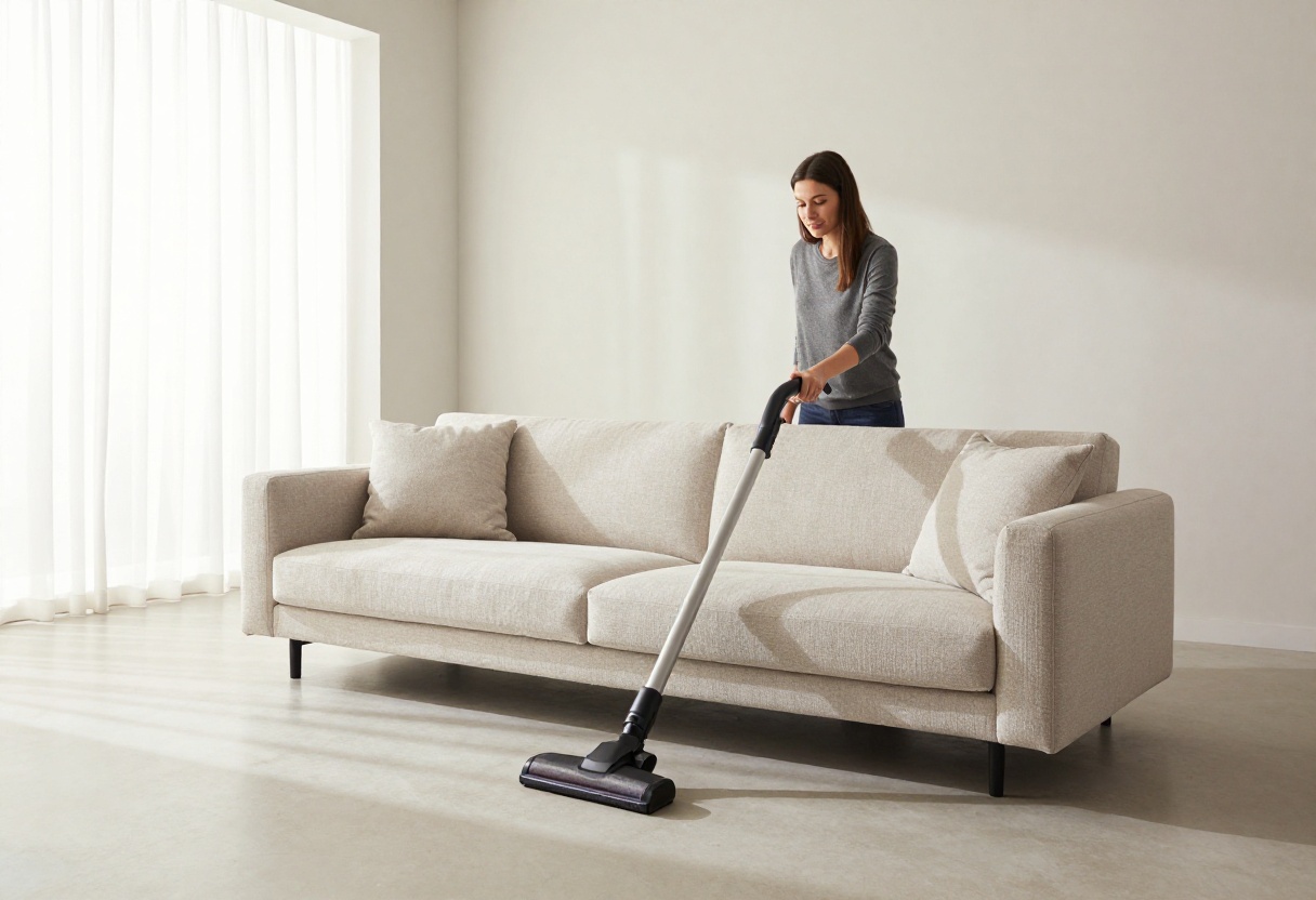 Person vacuuming a couch with an upholstery attachment in a bright living room