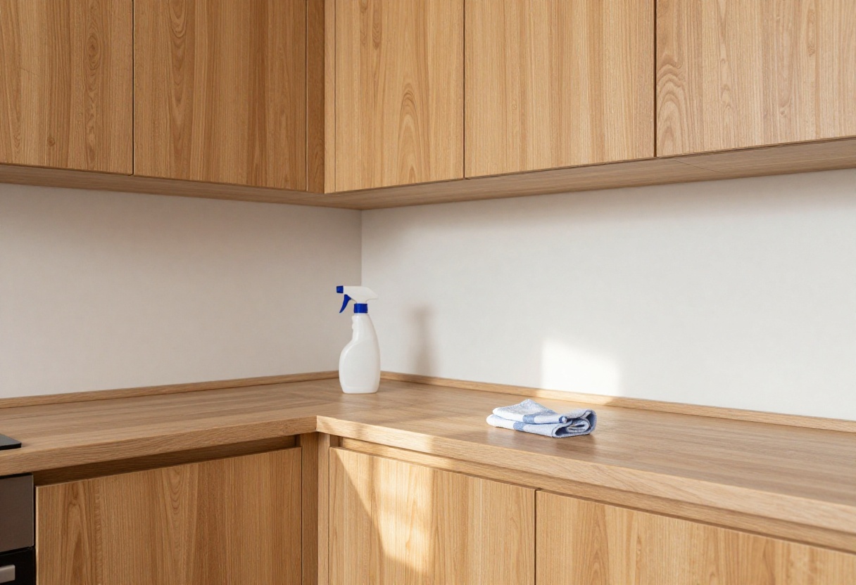 Clean wood kitchen cabinets with a warm shine, microfiber cloth and spray bottle on counter