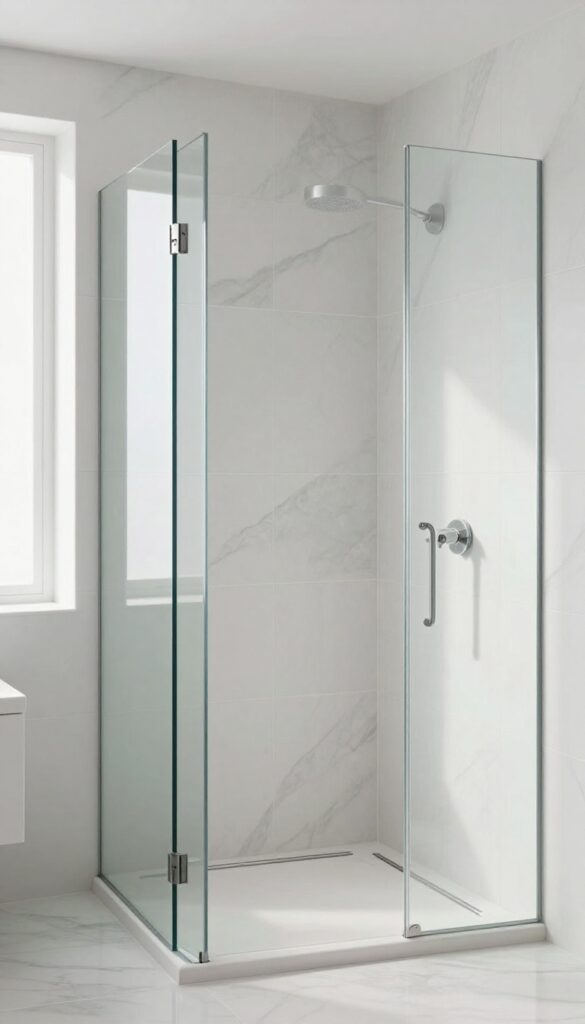 Modern bathroom shower with large-format marble-look tiles, linear drain, and frameless glass enclosure