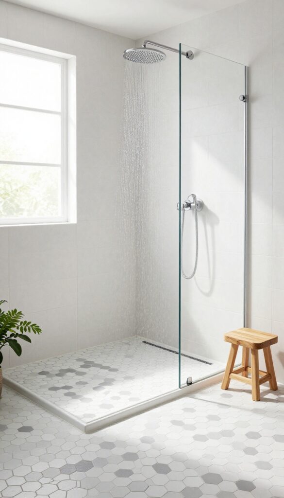 Modern shower with hexagon mosaic floor tiles and large white wall tiles