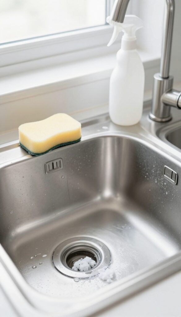Stainless steel sink with baking soda, sponge, and vinegar for a weekly deep-clean routine