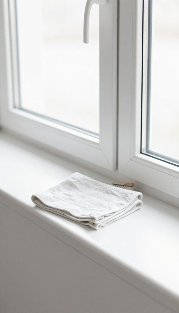 Clean kitchen window sill and baseboard with microfiber cloth and brush