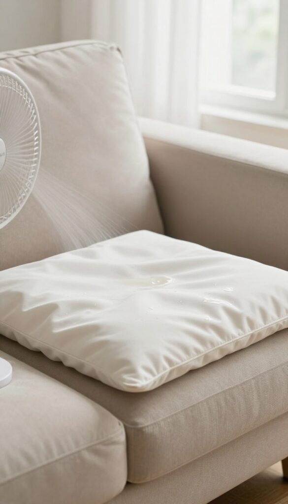 Fan drying a couch cushion evenly to prevent water marks