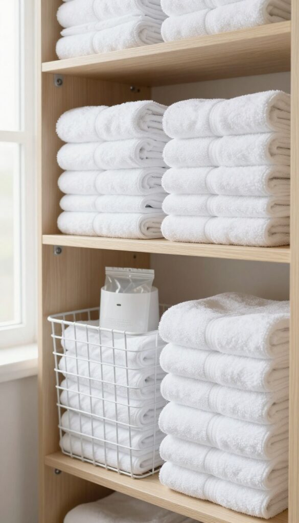 Towels stored in a dry, ventilated linen closet with wire baskets and open shelves