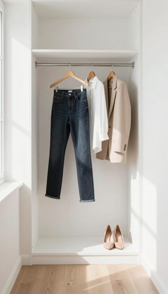 Organized closet section with daily uniform pieces in bright natural light