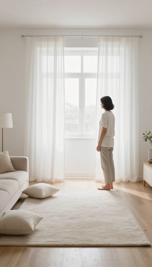 A person doing a final walk-through of a clean, organized living room, checking for any missed spots.