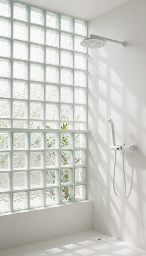 Glass block wall in a bathroom shower letting in natural light for privacy and style