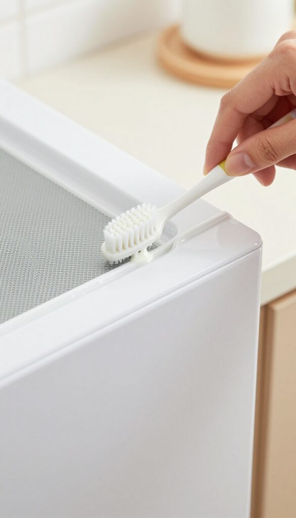 Person scrubbing microwave door seal with toothbrush