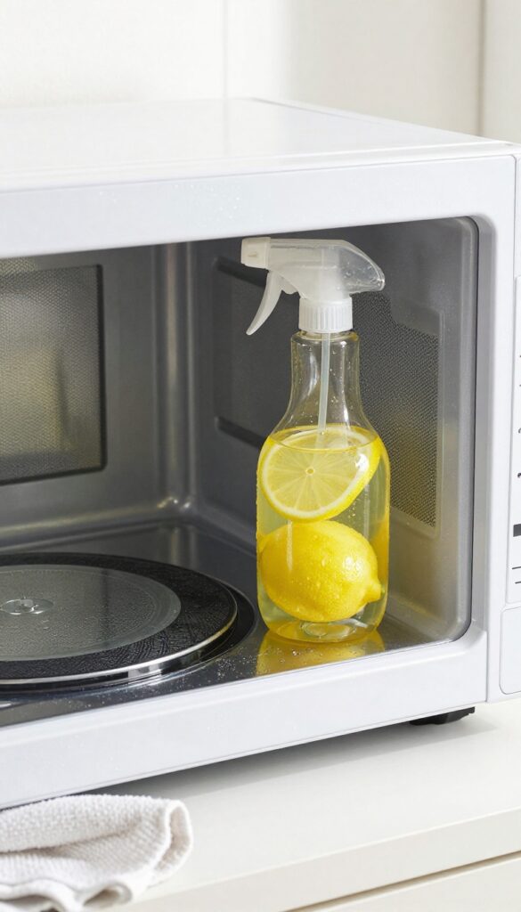 Clean microwave interior with lemon water spray bottle and cloth