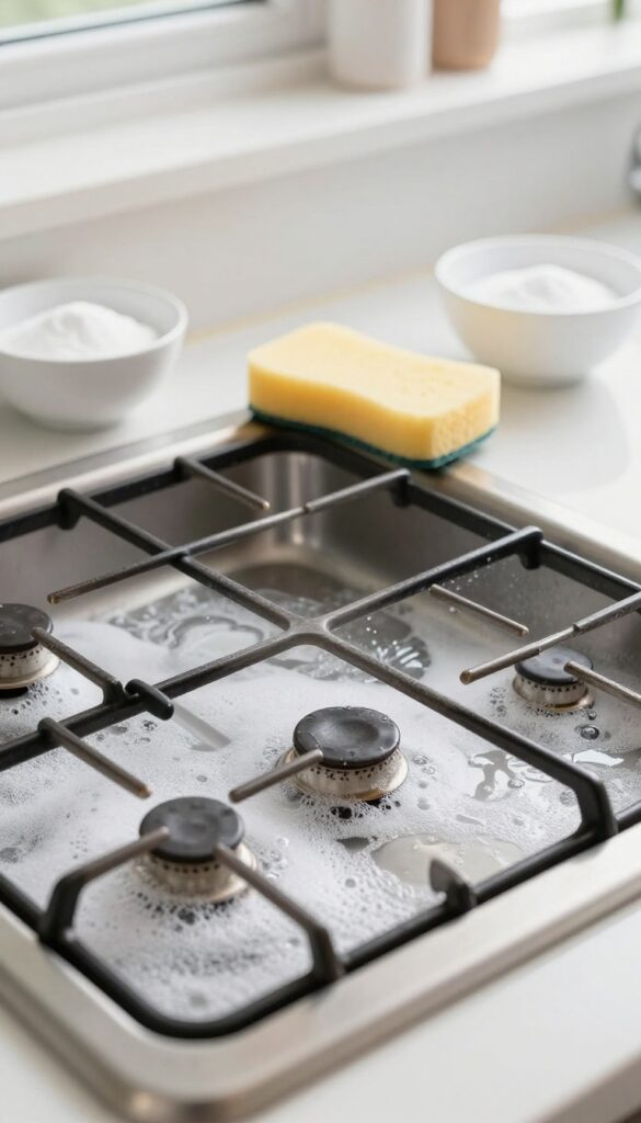 Deep cleaning stovetop and burners with grates soaking in soapy water