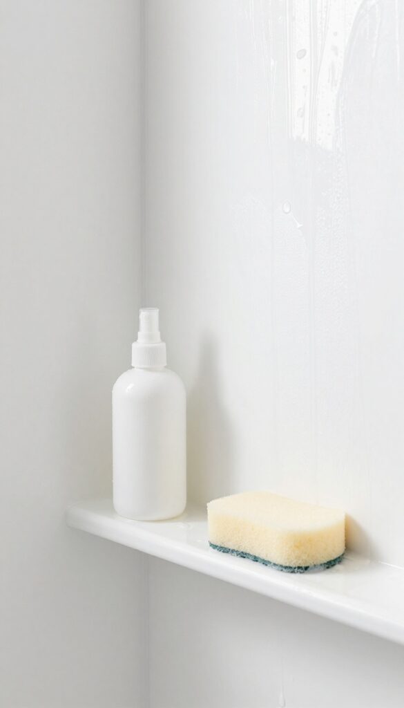 A spray bottle and sponge next to a clean fiberglass shower corner with hydrogen peroxide bubbling on mildew.